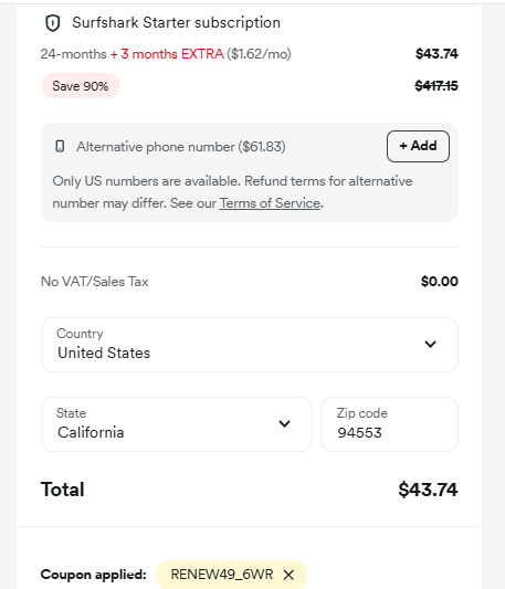 Surfshark pricing after applying coupon code