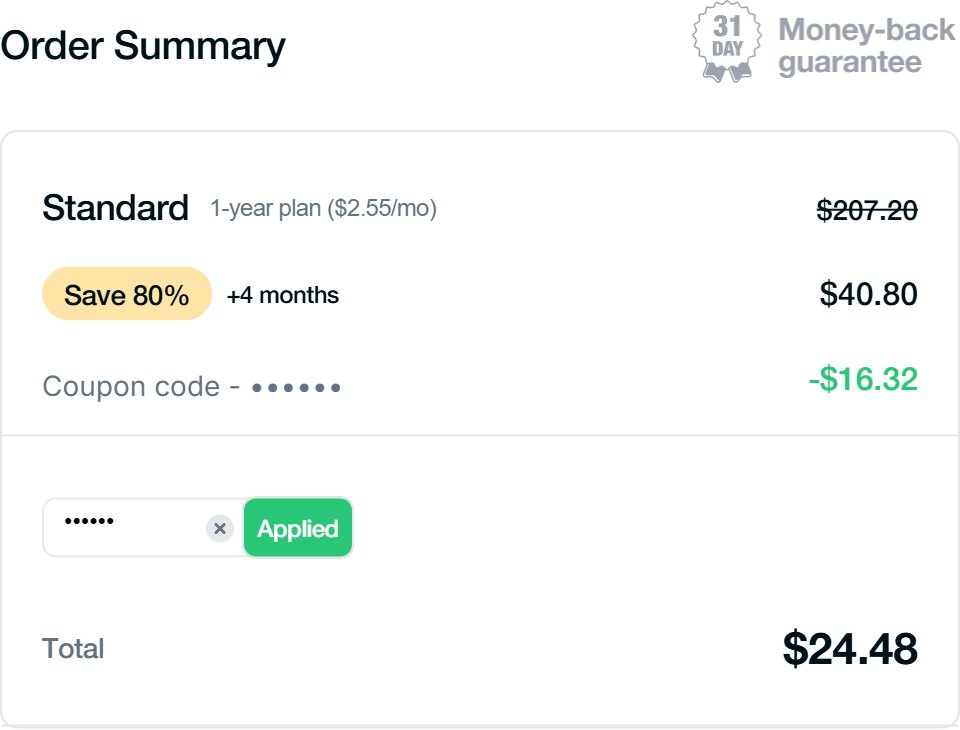 Coupon code applied at checkout: 1-year Standard drops to $24.48