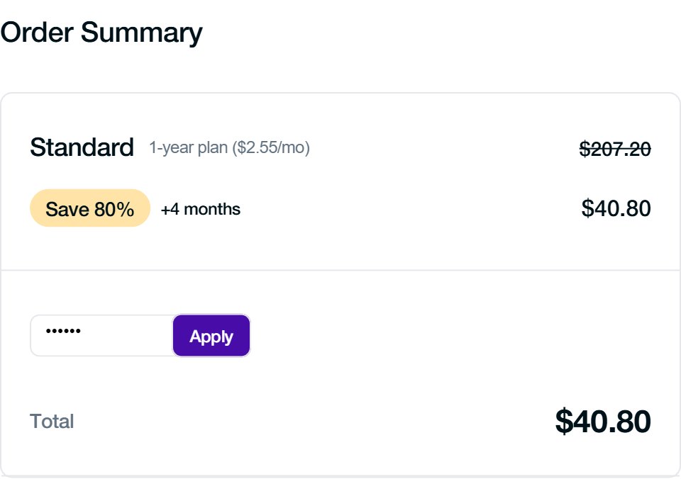1-year Standard plan at checkout before coupon: $40.80 with 4 months free
