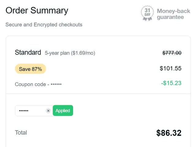 5-year coupon applied at checkout: PureVPN Standard drops to $86.32