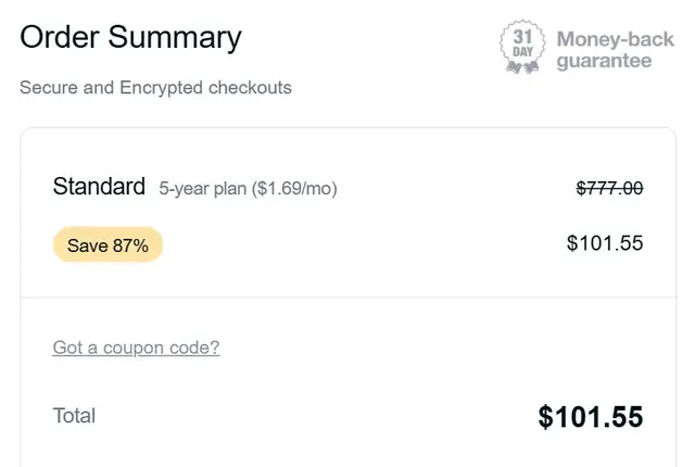 PureVPN Black Friday 5-year Standard price before coupon: $101.55