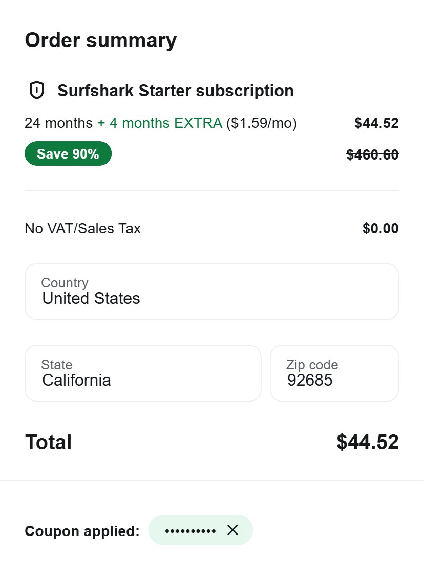 Surfshark coupon code applied: 2-year Starter drops to $44.52, 90% off