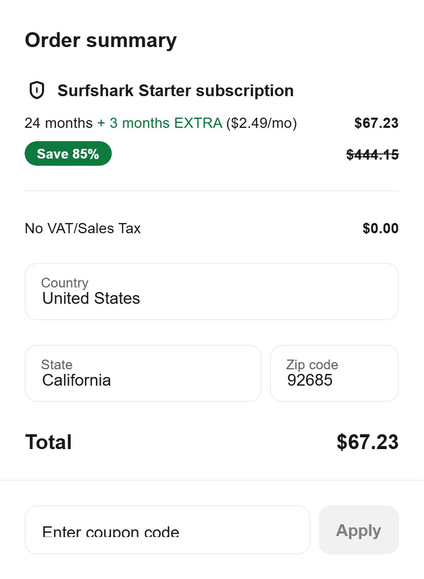 Surfshark Black Friday 2026 2-year Starter price before coupon: $67.23 at checkout